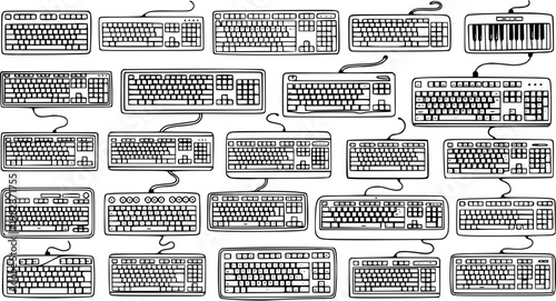 Hand-Drawn Black and White Line Art Vector Illustration of Diverse Computer and Musical Keyboards for Technology, Office, and Digital Design