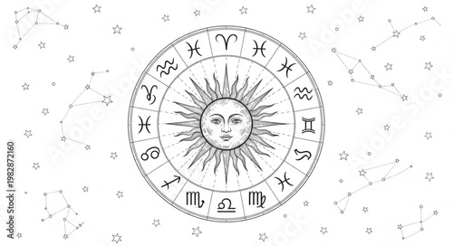 Astrology Zodiac Wheel with Sun and Constellations.