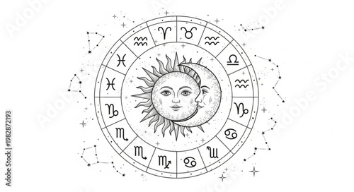 Astrology Zodiac Wheel with Sun and Moon Celestial Symbols.