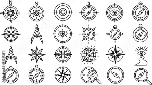 Black and White Line Art Compass and Navigation Icons