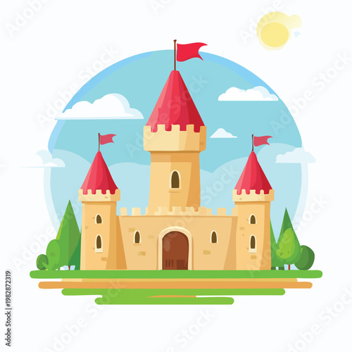 Cartoon castle illustration with flags towers and green landscape background