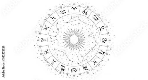 Astrology Zodiac Wheel with Sun and Stars.