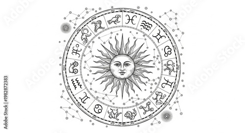 Astrology Zodiac Wheel with Sun and Stars.