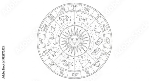 Astrology Zodiac Wheel with Sun and Symbols.