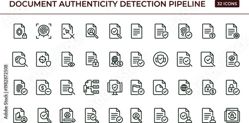Document authenticity detection pipeline outline icon set file verification security validation OCR compliance workflow vector symbols