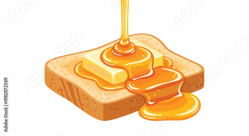 Thick and golden honey pours generously over a melting square of butter resting on a slice of perfectly toasted brown bread against white background.