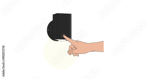 A detailed human hand reaches out to press the small circular power button on a modern black rectangular wall mounted light fixture in a pristine room.