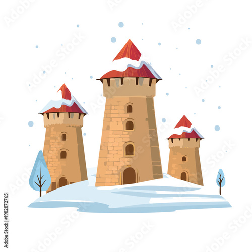 Cartoon towers in a snowy landscape with red roofs and winter elements