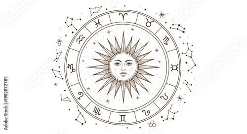 Astrology Zodiac Wheel with Sun Face and Stars.