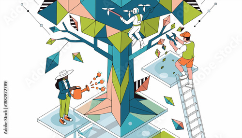 Isometric Flat Vector Illustration of People Cultivating a Geometric Tech Tree for Sustainability Concept.eps