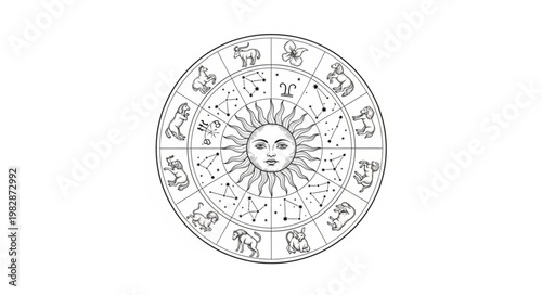Astrology Zodiac Wheel with Sun Face Illustration.