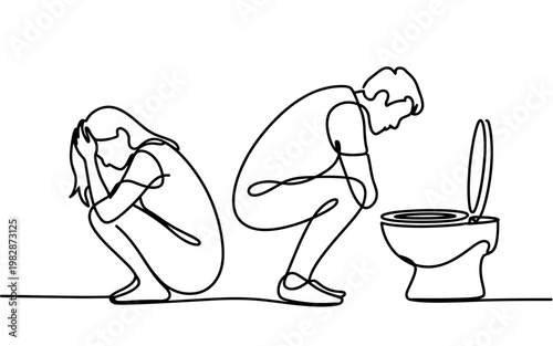 A simple line drawing of a man and woman experiencing toilet troubles
