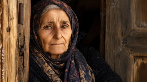 Elderly Woman Wearing Headscarf, Close-up Portrait
