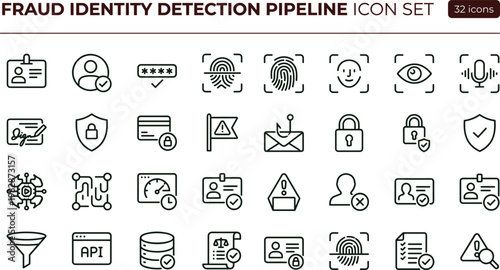 Fraud identity detection pipeline outline icon set with biometric verification security monitoring symbols for dashboards apps presentations web interface systems