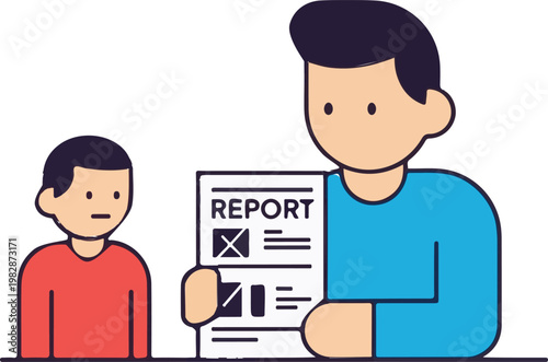 A professional adult male teacher presents a student academic report to a young child in a classroom