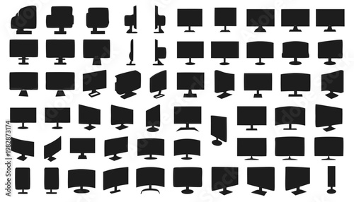 Massive Set of Computer Monitor Silhouettes - Flat 2D Vector Icons of PC Screens and TV Displays in Various Angles and Perspectives.eps