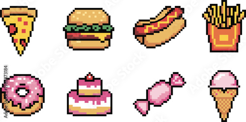 Pixel food icons set, pizza burger hotdog fries donut cake candy ice cream vector illustration