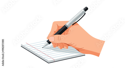 A detailed human hand holds a sleek silver and black ballpoint pen while writing carefully on a small lined notepad with blue lines and red margins.