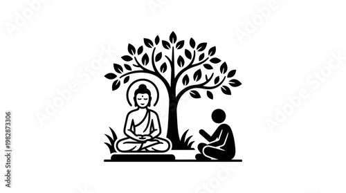 Meditating Buddha with Follower Under Bodhi Tree
