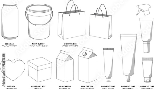 Minimalist Blank Product Packaging Templates, Cosmetic Tubes and Retail Shopping Bag Vector Icons.eps