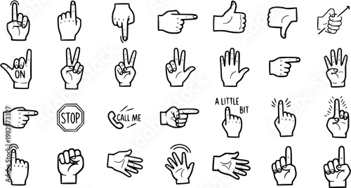 Black and White Line Art Icons of Hand Gestures and Symbols for Communication and Technology