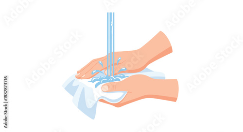 A pair of hands meticulously washes a white textile cloth under a steady stream of blue water with vibrant splashes against a clean white backdrop.