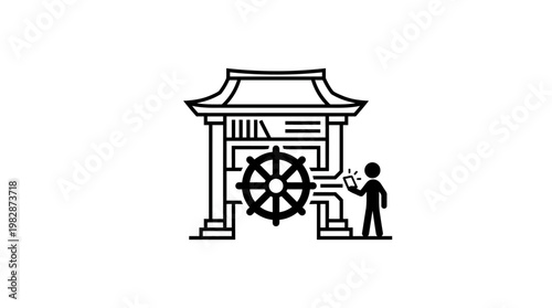 Minimalist Buddhist Temple with Person and Smartphone Icon