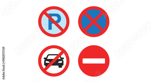 Four regulatory road signs no parking no entry no vehicles and stop