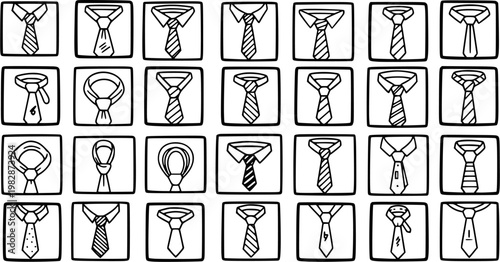Black and White Line Art Icons of Various Tie Knots and Neckwear Styles for Fashion