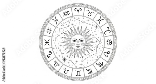 Astrology Zodiac Wheel with Sun Symbol in Center.