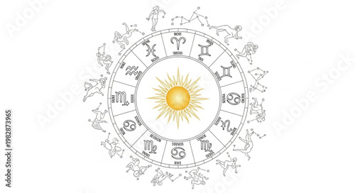 Astrology Zodiac Wheel with Sun Symbol in Center.