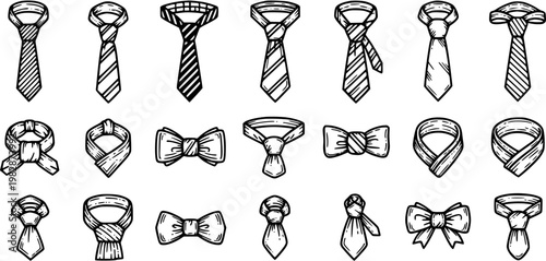 Black and White Line Art Collection of Neckties and Bowties, Various Knots