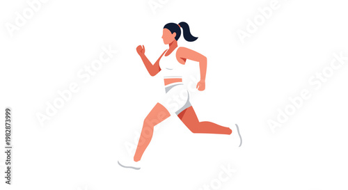 A determined female runner wearing a white athletic outfit and sneakers performs a vigorous jogging motion against a completely blank white background.