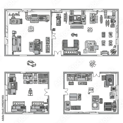 Aerial view of a detailed factory floor plan with diverse machinery and workspaces arranged in multiple interconnected rooms for efficient production and operational flow layout architecture