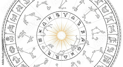 Astrology Zodiac Wheel with Sun Symbol in Center.