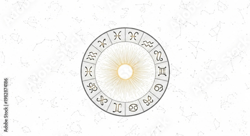 Astrology Zodiac Wheel with Sun Symbol in Center.