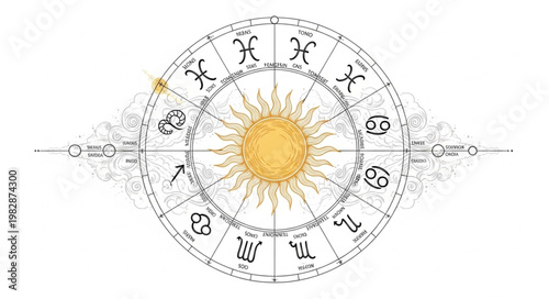 Astrology Zodiac Wheel with Sun Symbol.