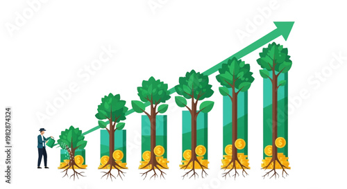 Business growth concept with investor watering money trees as financial bar chart and rising arrow showing success