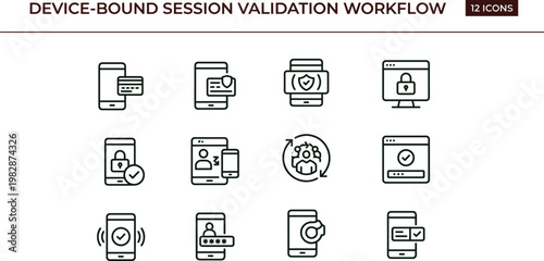 Device bound session validation workflow outline icon set secure login trusted device authentication token verification vector symbols