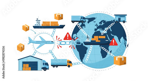 Global Logistics and Supply Chain Disruption Concept with Broken Chain, Warning Signs, and Various Transport Modes for International Trade Crisis