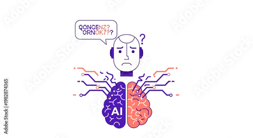 Confused Artificial Intelligence Concept Illustration with Robot Head and Digital Brain Icon Representing AI Error and Hallucination