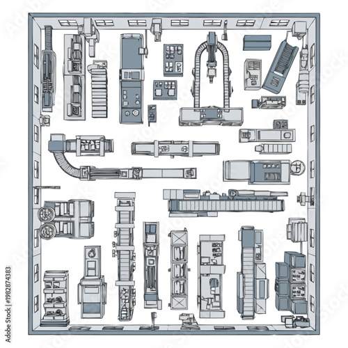 Overview of a manufacturing facility s operational layout displaying diverse industrial machinery and equipment assembled in a structured workspace top down bird s eye perspective for strategic