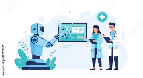 AI Robot Assisting Medical Doctors with Patient Data Analysis and Diagnostics Concept Illustration