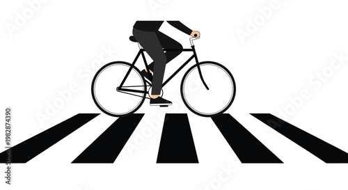 A focused individual wearing dark clothing pedals a black bicycle across a striking high-contrast black and white zebra crossing against a white background.