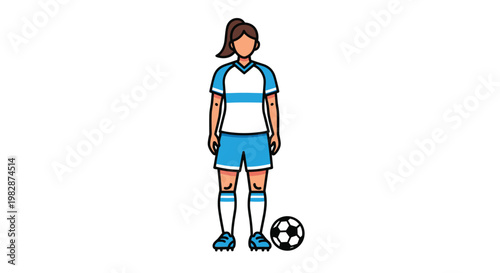 A professional female athlete wearing a meticulous blue and white soccer kit stands proudly next to a traditional patterned football on a white background.