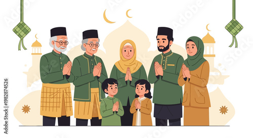 Happy Muslim Family Celebrating Eid al-Fitr Hari Raya Aidilfitri in Traditional Attire Illustration