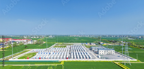 Wallpaper Mural Panoramic Aerial View of a Utility-Scale Battery Energy Storage Station in Springtime Farmland Torontodigital.ca