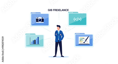 Multidisciplinary Professional Freelancer Providing Digital Services like Web Development Graphic Design Photography and Data Analytics Vector Illustration