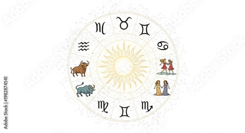 Astrology Zodiac Wheel with Symbols and Sun Illustration.