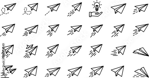 Black and White Line Art Paper Airplanes, Vector Icons, Business and Technology Concept
